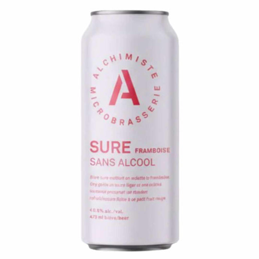 White can of Alchimiste Raspberry Sour Non Alcoholic Beer with red text and logo on a white background