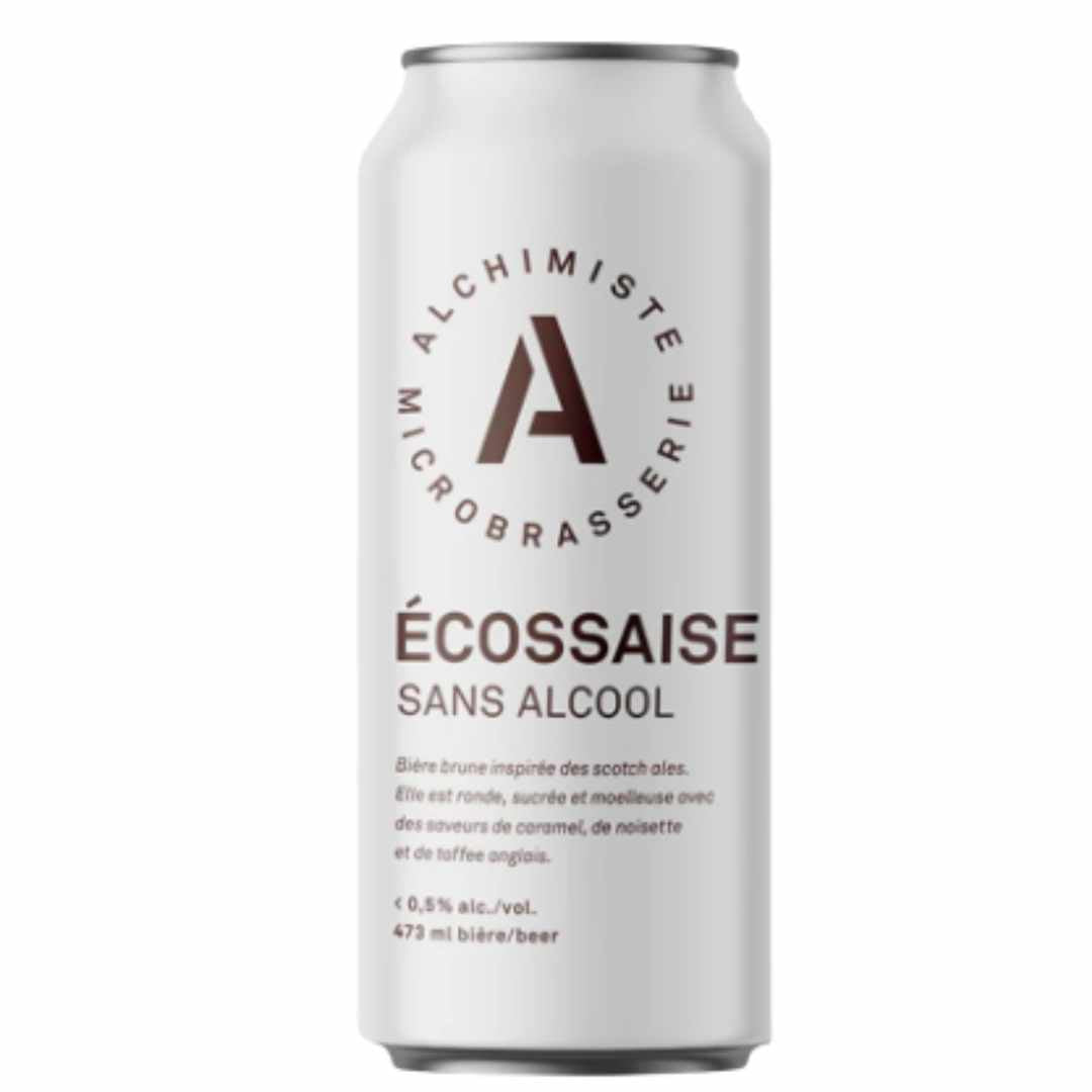White can of Alchimiste non alcoholic Scottish Ale with brand logo on a white background