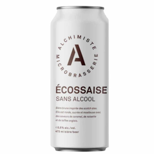 White can of Alchimiste non alcoholic Scottish Ale with brand logo on a white background