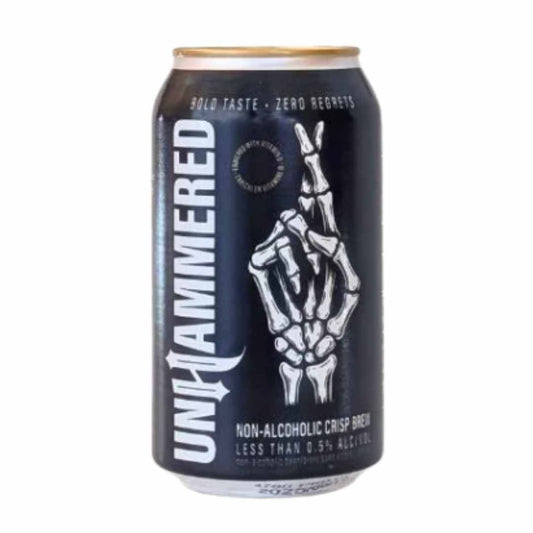Unhammered non-alcoholic beer can with skeleton hand design on a white background