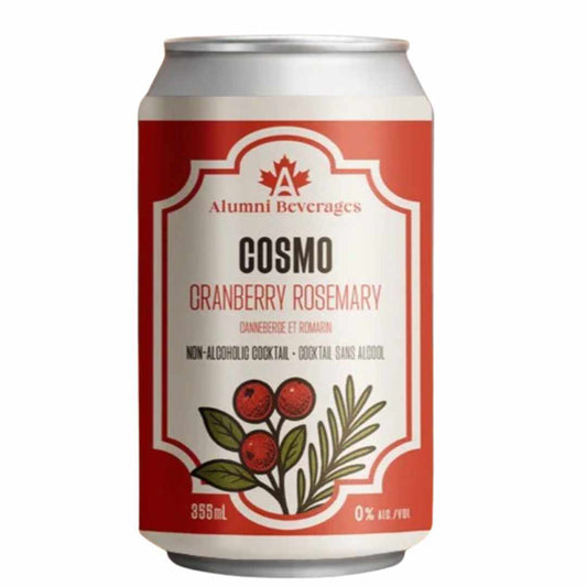 Canned drink labeled 'Cosmo Cranberry Rosemary' by Alumni Beverages on a white background