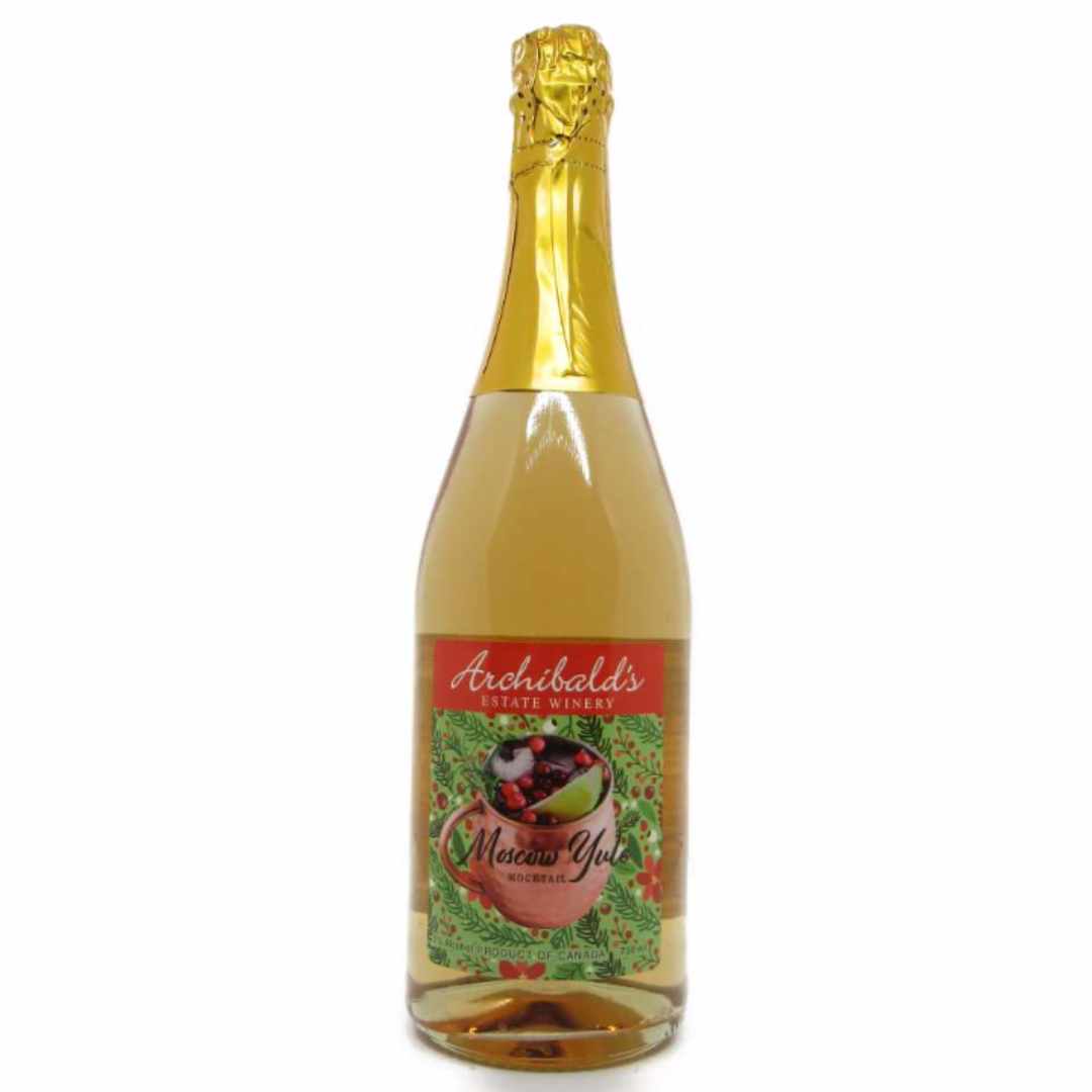 A bottle of Archebald's Estate Winery's 'Moscow Yule' sparkling cider with a gold foil top and a festive red and green label, set against a plain white background.
