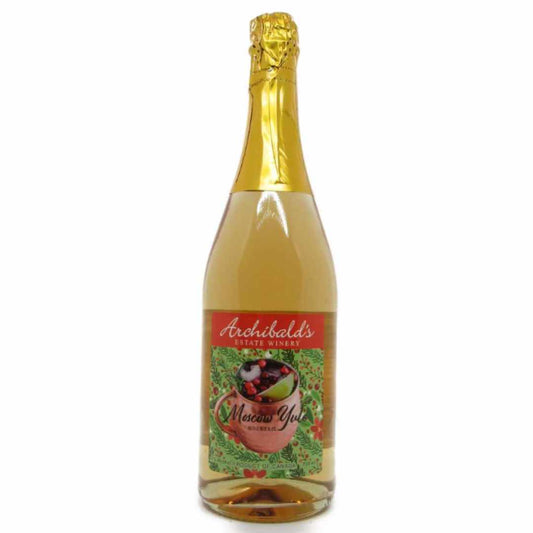A bottle of Archebald's Estate Winery's 'Moscow Yule' sparkling cider with a gold foil top and a festive red and green label, set against a plain white background.