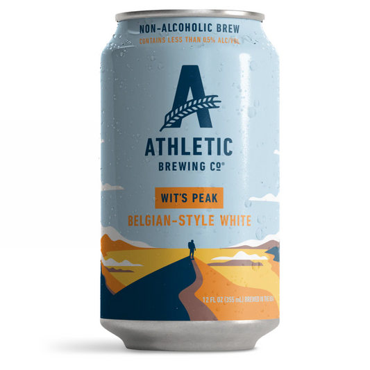 Athletic Brewing Co. Wit’s Peak non-alcoholic Belgian White beer can featuring vibrant design and refreshing citrus flavors.