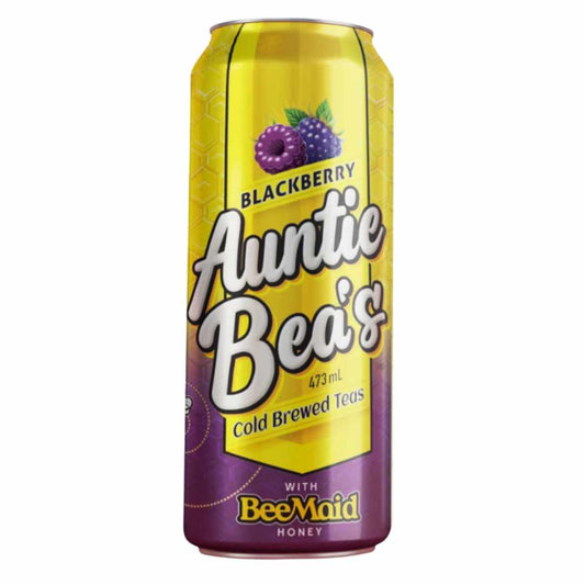 Yellow can of Blackberry Auntie Bea's Cold Brewed Teas with purple label