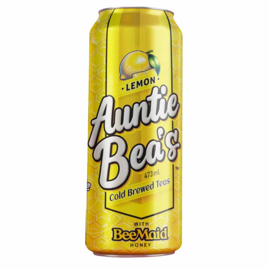 Yellow can of Auntie Bea's Lemon Cold Brewed Tea with BeeMaid Honey on a white background