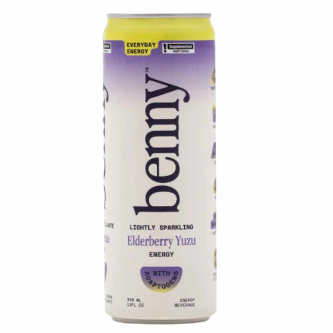 Benny Elderberry Yuzu energy drink with adaptogens can on a white background
