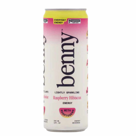 Benny Raspberry Hibiscus energy drink with adaptogens can on a white background