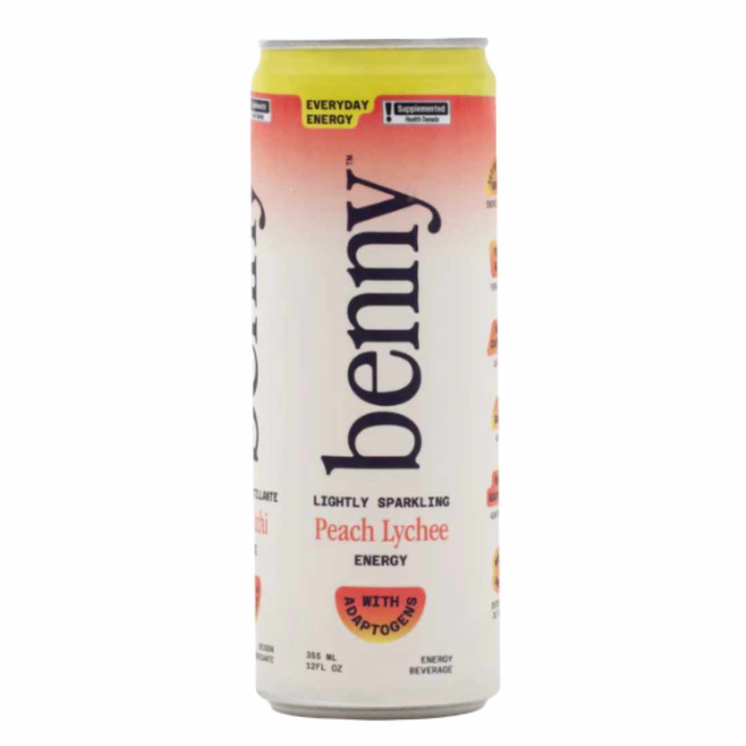 Can of Benny Peach Lychee energy drink with adaptogens on a white background