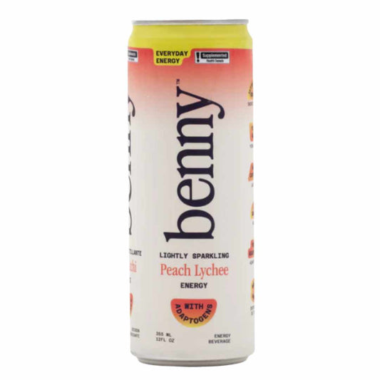 Can of Benny Peach Lychee energy drink with adaptogens on a white background
