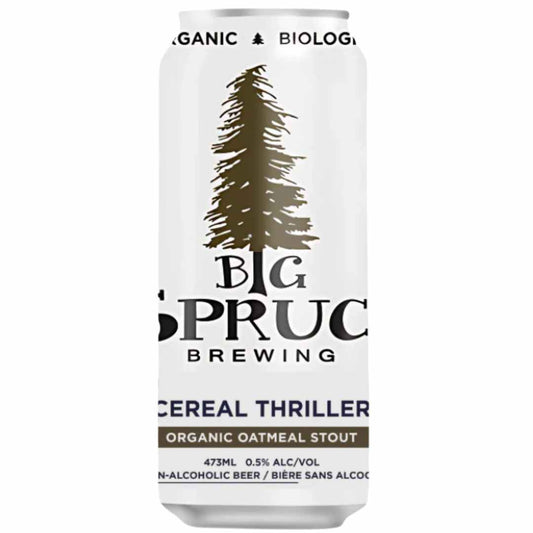 Can of "Cereal Thriller" organic non-alcoholic oatmeal stout beer featuring the Big Spruce Brewing logo