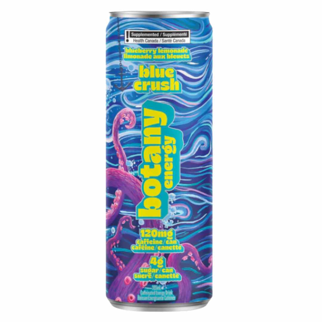 Can of Collective Arts Botany Energy Blue Crush in bluberry lemonade flavour with bright design with waves and octopus tentacles