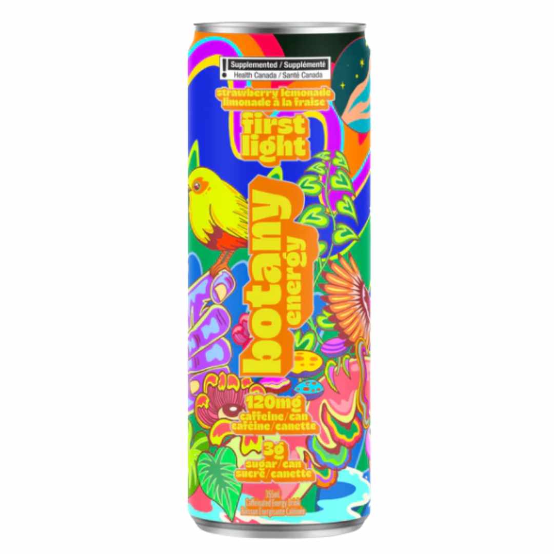 Can with brighly coloured design labelled strawberry lemonade First Light Botany Energy