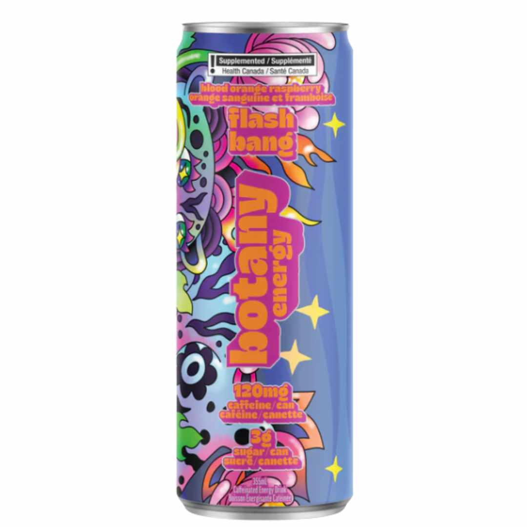 Colourful can labelled Botany Energy Flash Bang Blood Orange and Raspberry flavour
