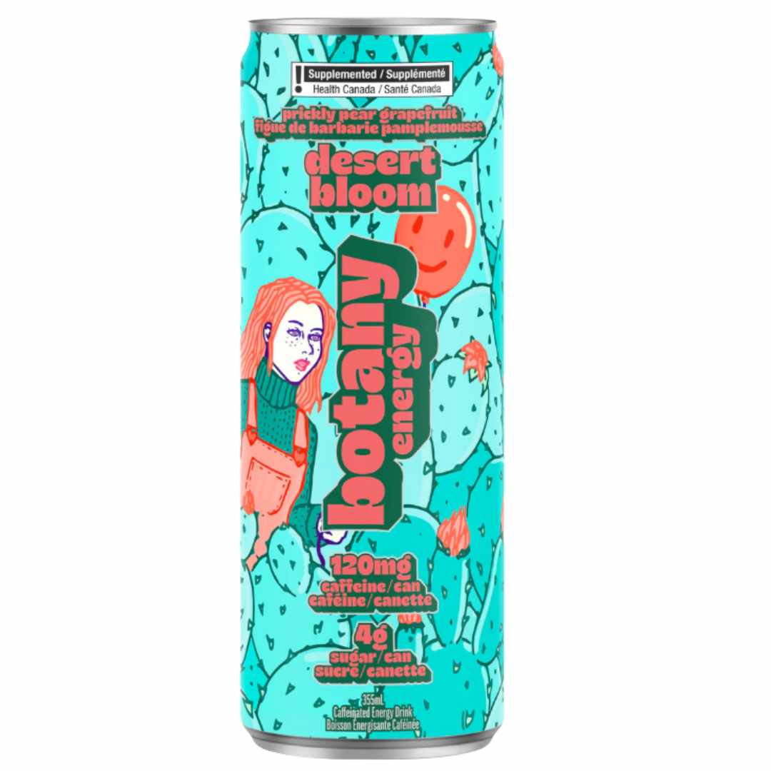 Botany Energy prickly pear grapefruit desert bloom energy drink can with colorful design and text on a white background