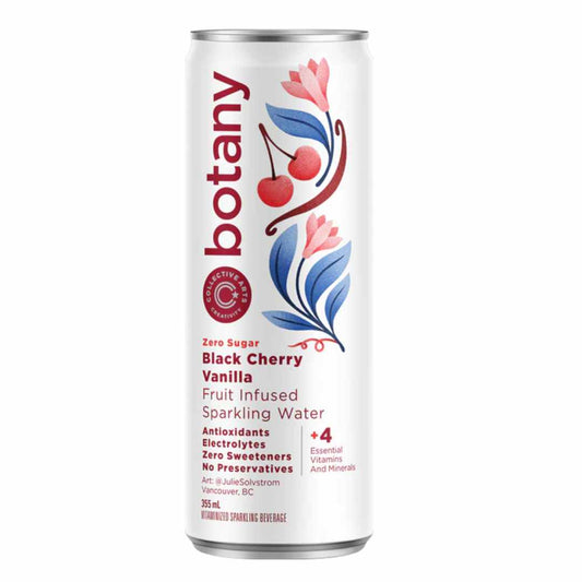 Can of botany Black Cherry Vanilla sparkling water on a white background