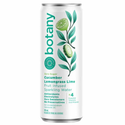Can of botany Cucumber Lemongrass Lime sparkling water on a white background