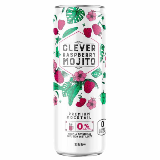 Can with tropical leaves and raspberries design and label reading Clever Raspberry Mojito Premium Mocktail