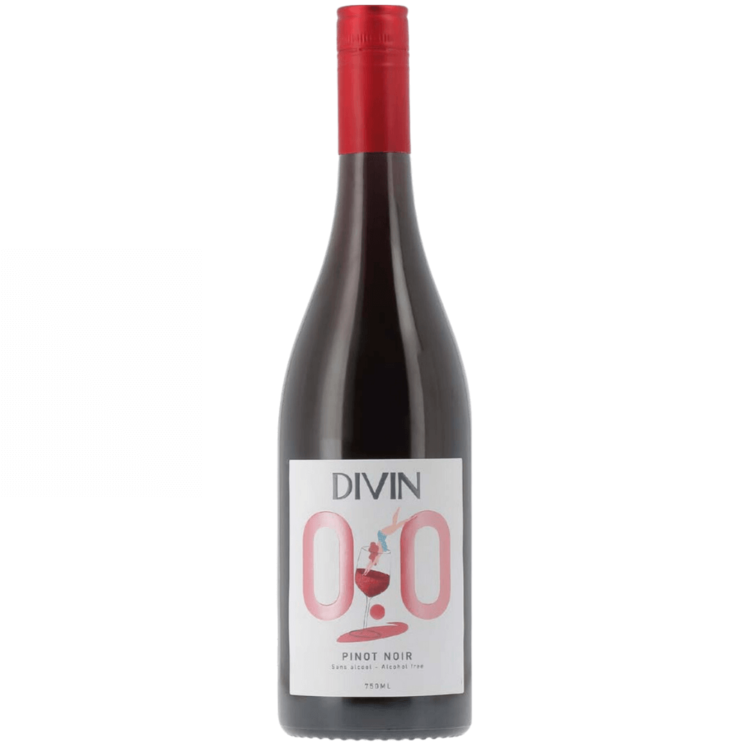 Bottle of Divin Pinot Noir Non-Alcoholic Red Wine with a red cap and elegant label featuring redcurrant and cherry notes.