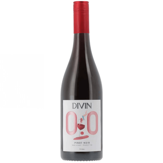 Bottle of Divin Pinot Noir Non-Alcoholic Red Wine with a red cap and elegant label featuring redcurrant and cherry notes.