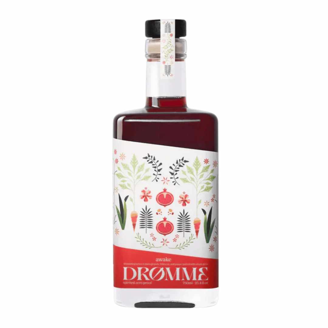 Bottle of Dromme Awake functional beverage with decorative label on a white background