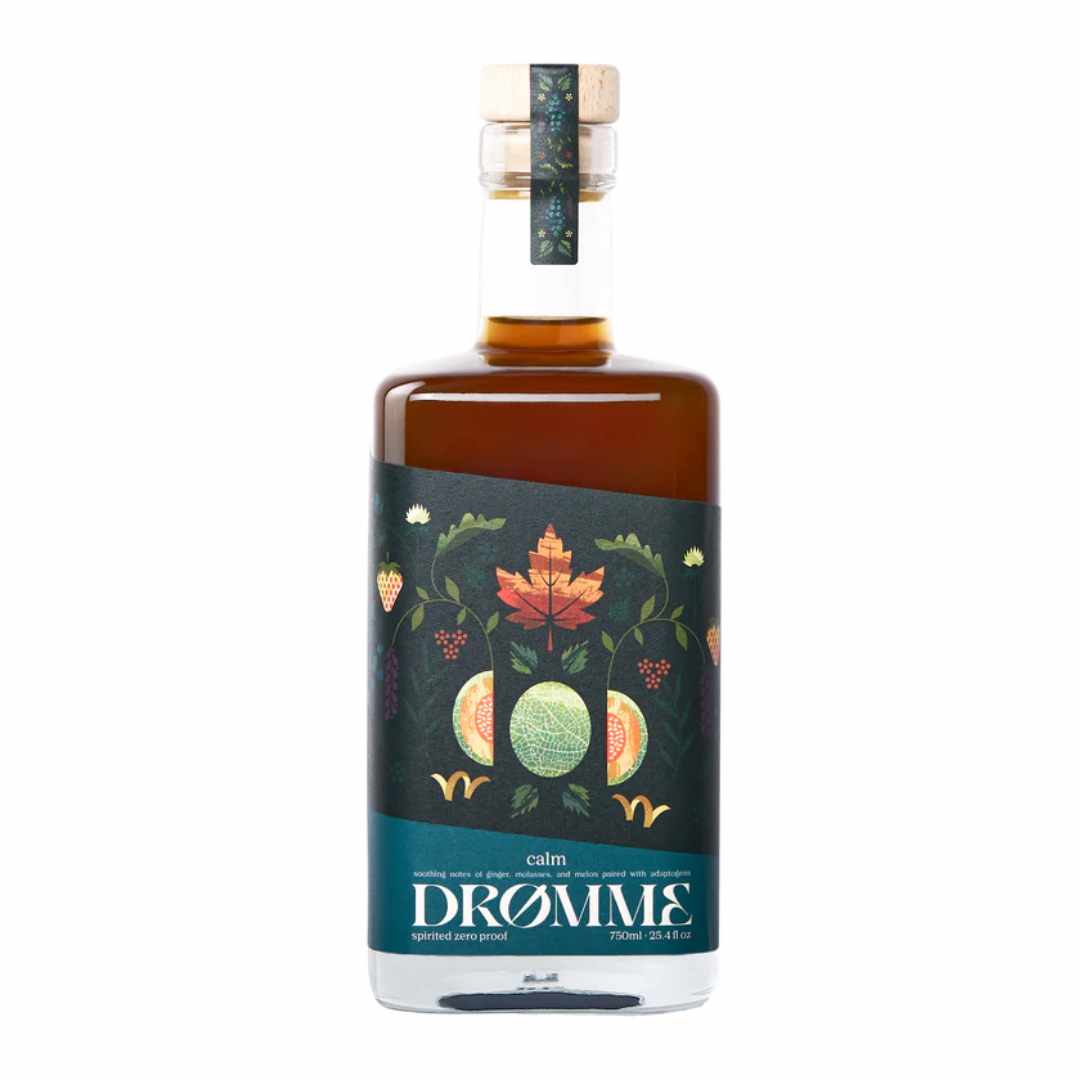 Bottle of Dromme Calm functional beverage with decorative label on a white background