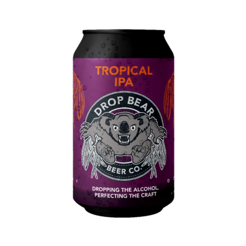 Drop Bear Tropical IPA non-alcoholic beer can featuring a hoppy, fruity design with koala graphics.