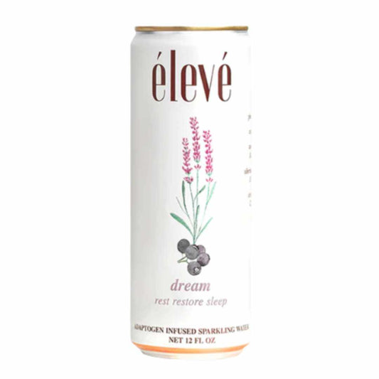 Can of Eleve Dream adaptogen infused sparkling water with floral design and text on a white background