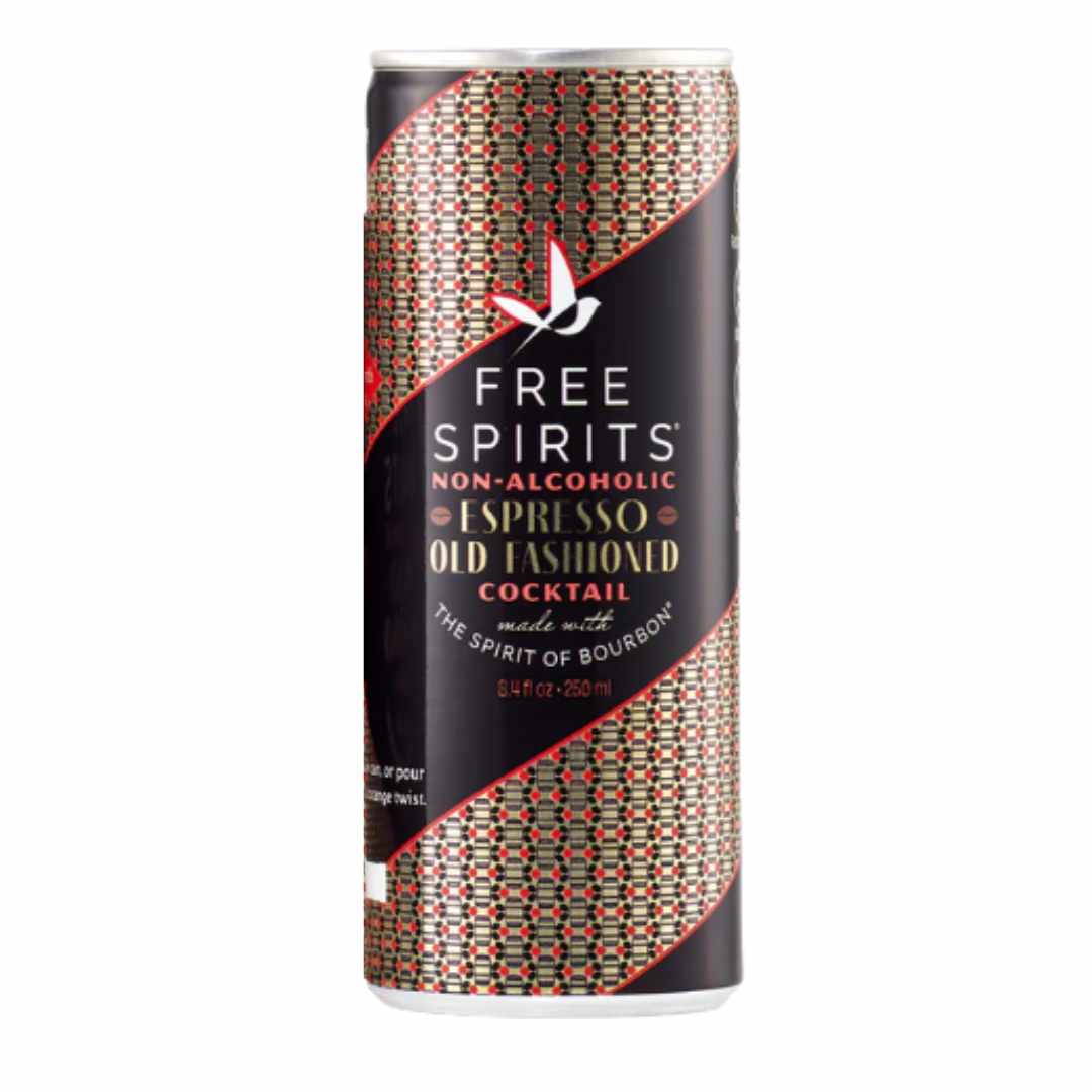 Can of Free Spirits non-alcoholic espresso old fashioned cocktail by with patterned design on a white background