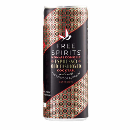 Can of Free Spirits non-alcoholic espresso old fashioned cocktail by with patterned design on a white background