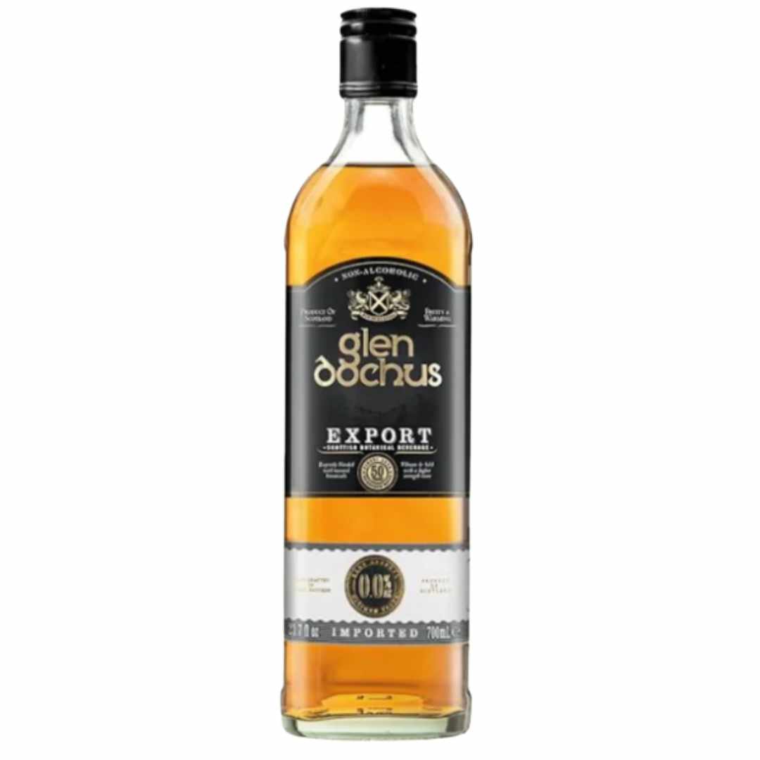 Glen Dochus Export bottle of non alcoholic whisky with a black label on a white background