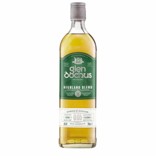 Glen Docus Highland Blend non alcoholic scotch whisky with a green label on a white background