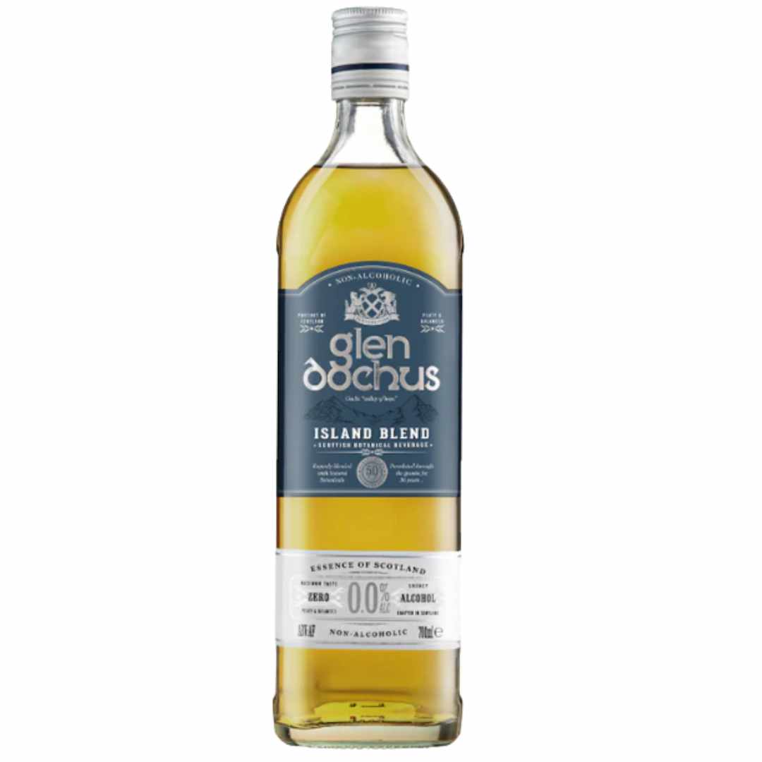 Bottle of Glen Dochus Island Blend non alcoholic scotch whisky with a blue label on a white background