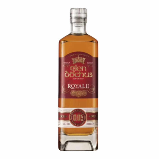 Bottle of Glen Dochus Royale non alcoholic scotch whisky with a red label on white background