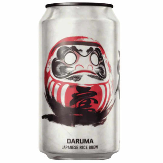 A silver aluminum can of Daruma Japanese Rice Brew featuring a red and black Daruma doll illustration on the front, set against a plain white background.