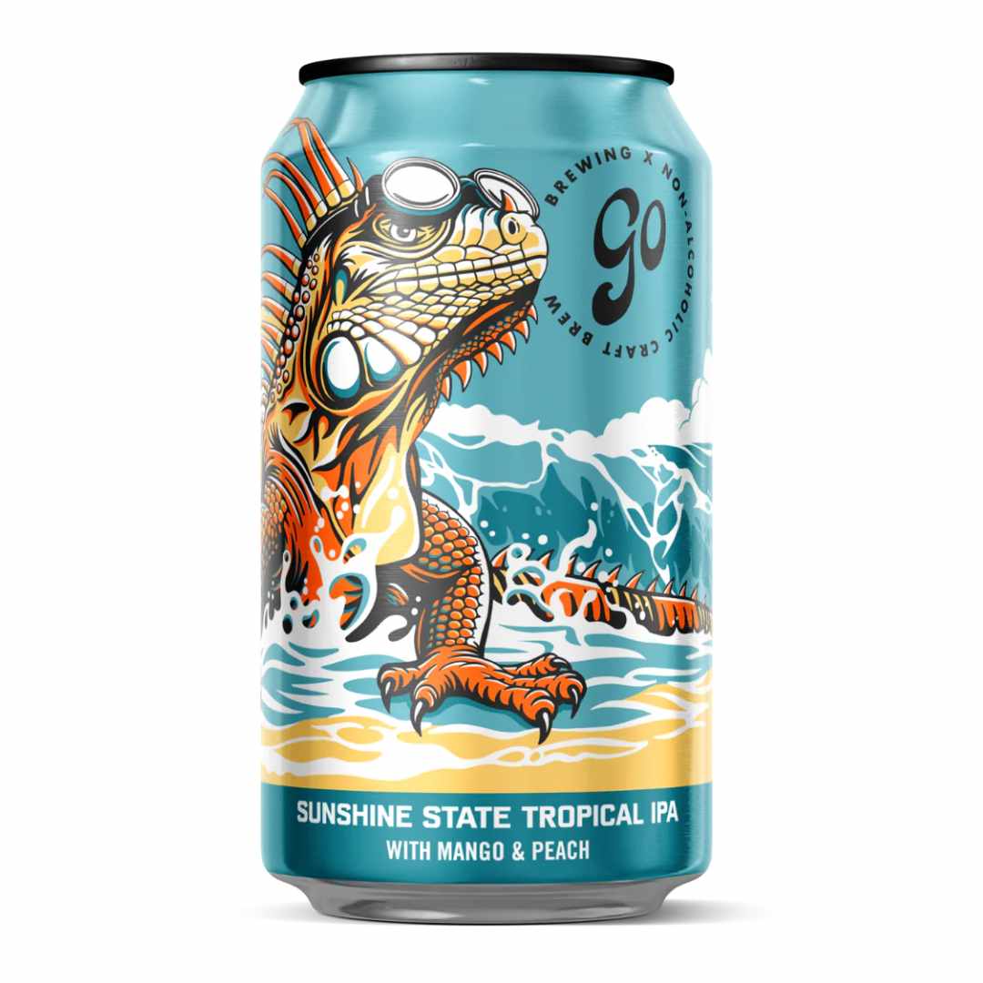 Can of Go Brewing Sunshine State Tropical IPA Non Alcoholic Beer with an iguana on a blue background