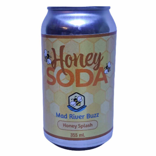 Can of Honey Splash Honey Soda with Mad River Buzz branding on a white background