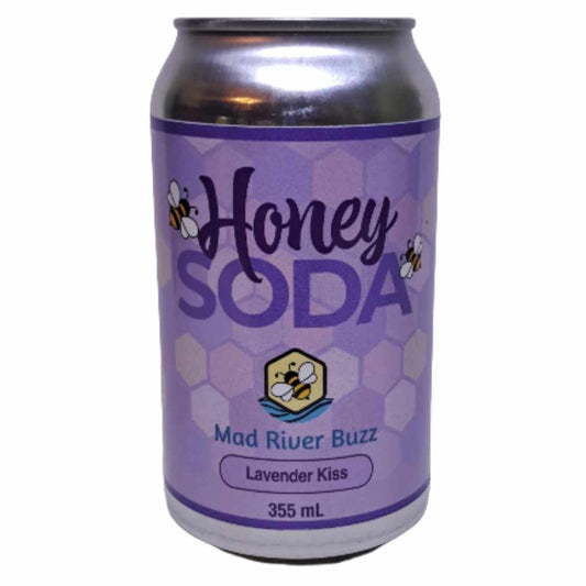 Mad River Buzz Lavendar Kiss Honey Soda can with purple label and silver top on a white background