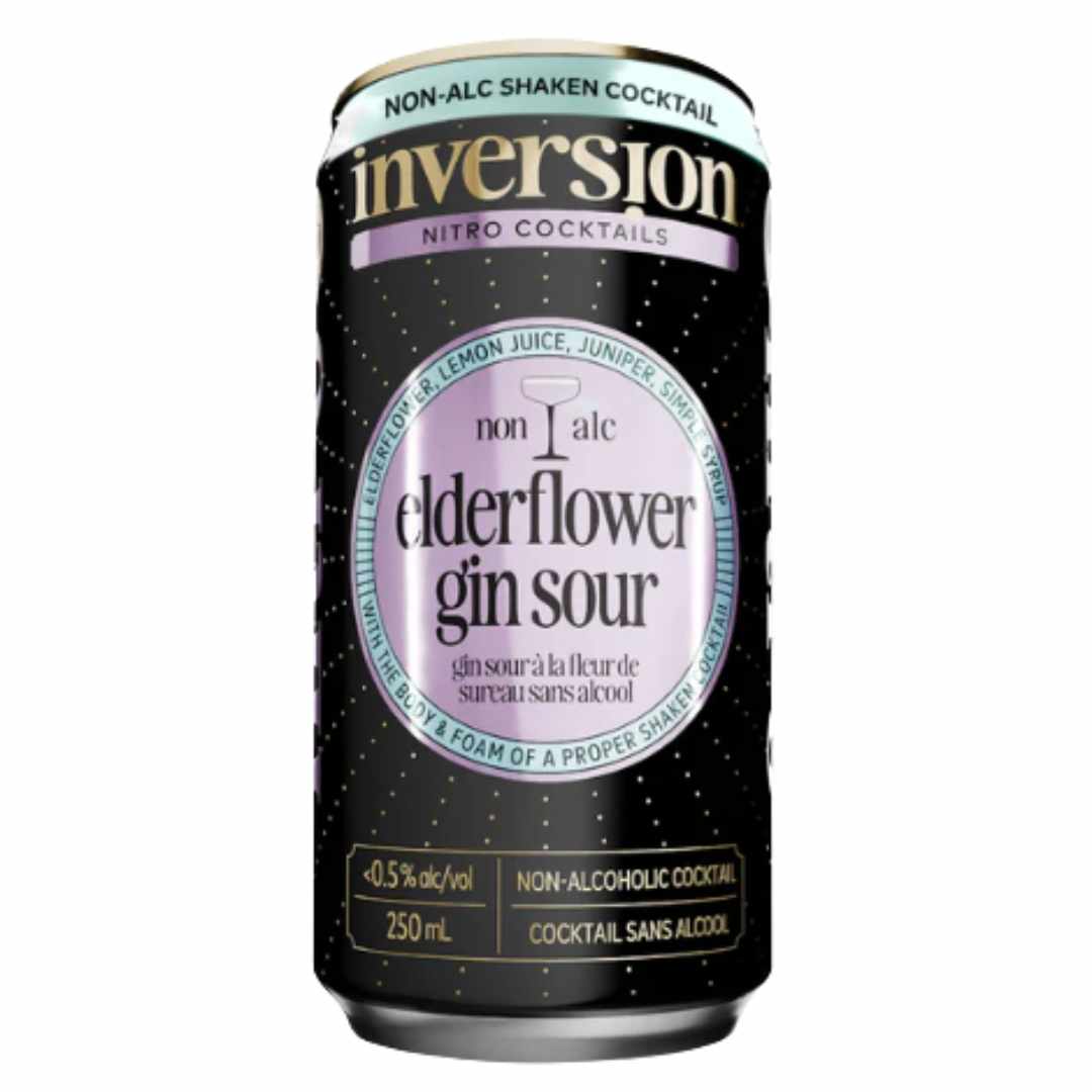 Black can of Inversion Nitro Cocktails Non-Alc Elderflower Gin Sour non-alcoholic cocktail on a white background