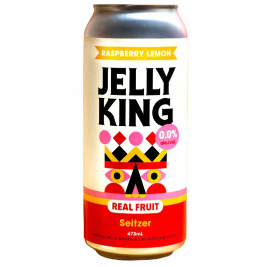 Can of Jelly King Raspberry Lemon flavoured real fruit seltzer with a colourful design on a white background
