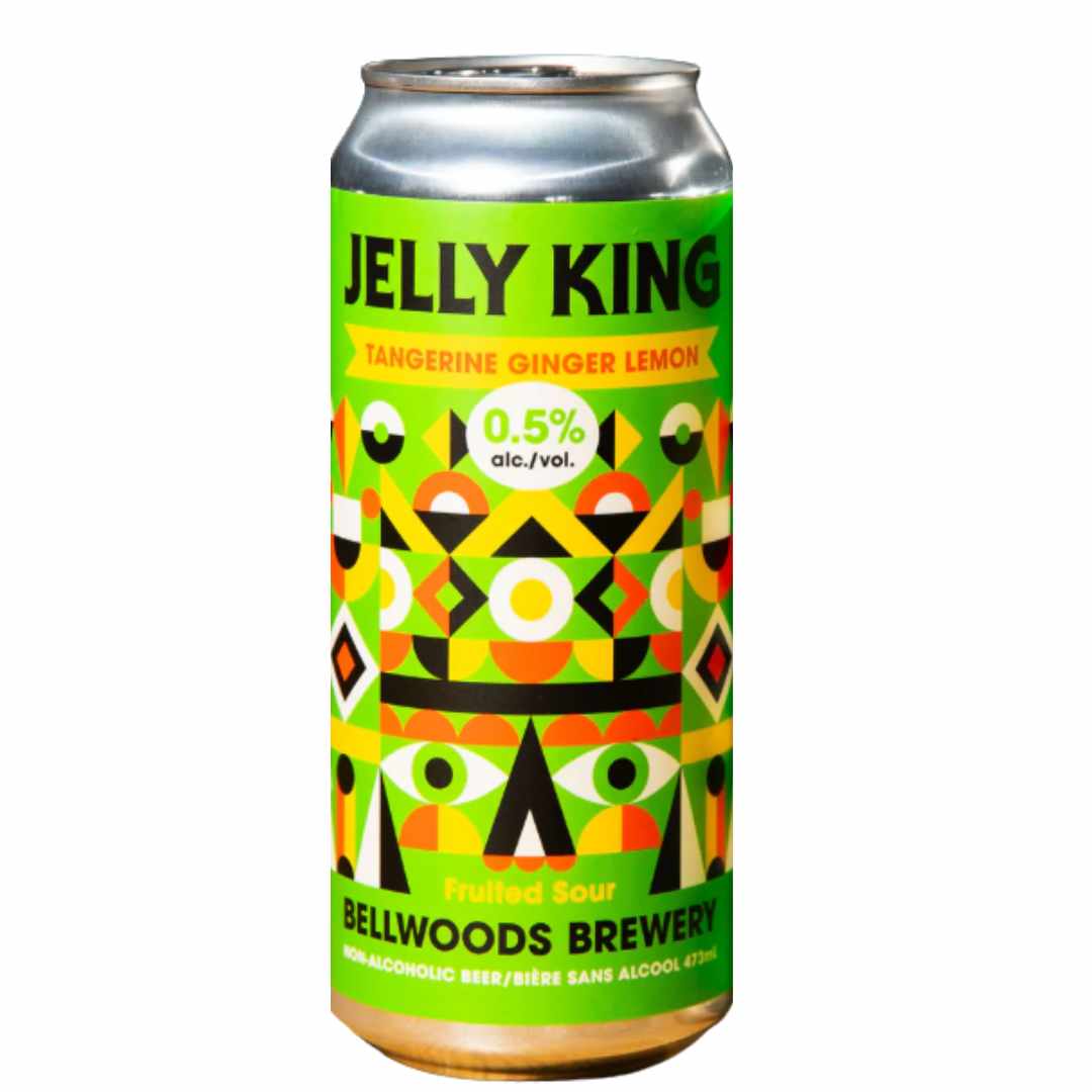 Jelly King Tangerine Ginger Lemon non alcoholic fruited sour beer can with colorful label on a white background