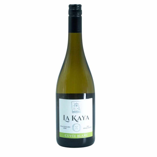 Bottle of La Kaya non-alcoholic Cuvee Blanc wine on a white background