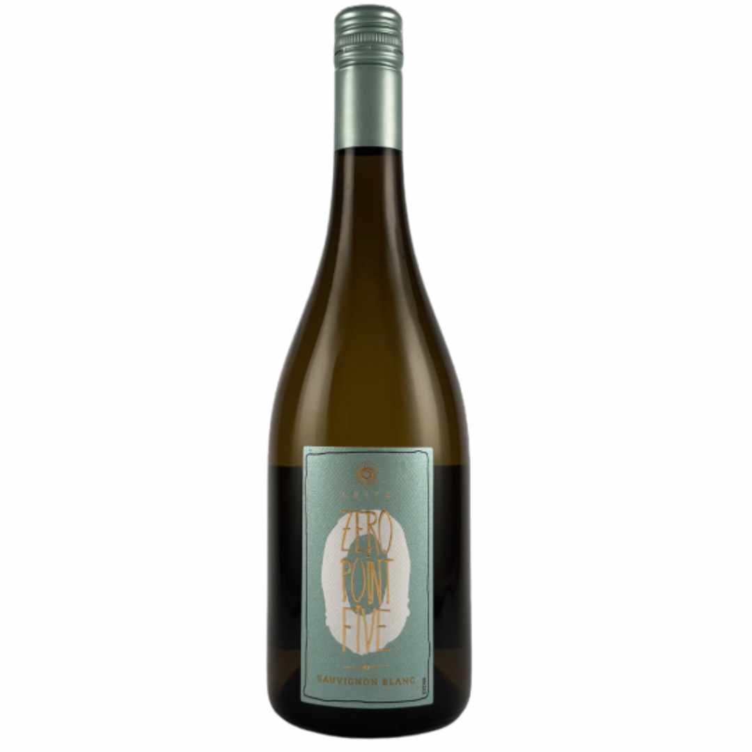 Wine bottle with a Leitz Zero Point Five Sauvignon Blanc label on a white background