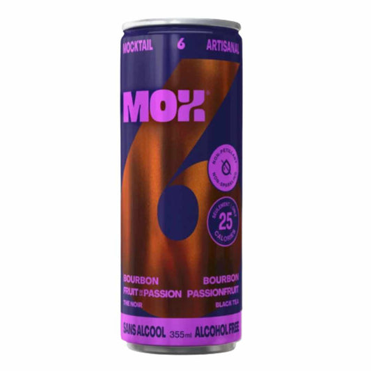 A single can of Mox Bourbon Artisanal Mocktail non-alcoholic beverage, featuring a dark purple and copper-orange label with pink branding, on a plain white background.