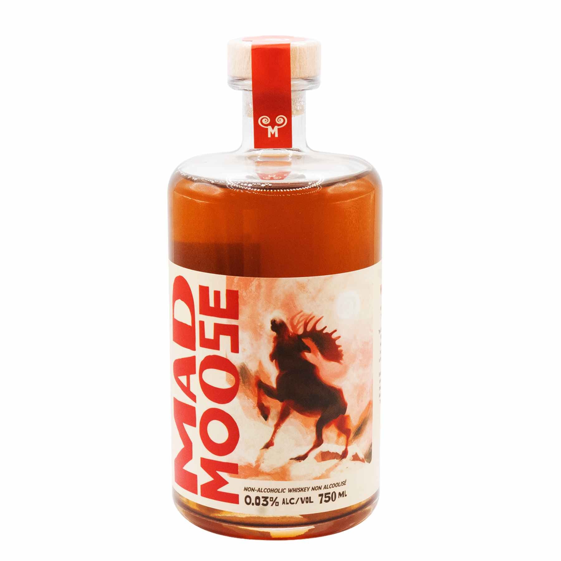 Bottle of Mad Moose Canadian non-alcoholic whiskey 