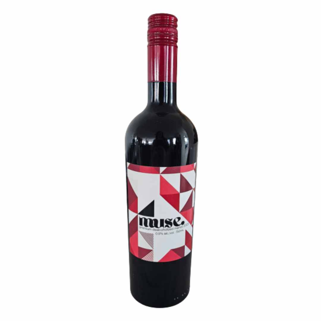 Muse premium dealcoholized merlot red wine bottle with a geometric label on a white background