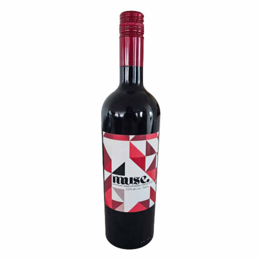 Muse premium dealcoholized merlot red wine bottle with a geometric label on a white background