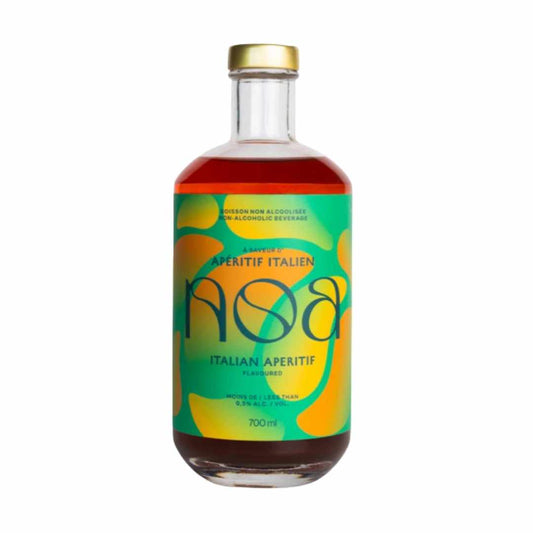 A 700 ml glass bottle of NOA Non-alcoholic Italian Aperitif, featuring a vibrant green and yellow label with a gold screw cap, set against a plain white background.