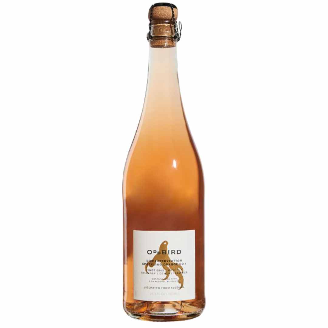 Bottle of Oddbird Low Intervention Sparkling Orange sparkling wine on a white background