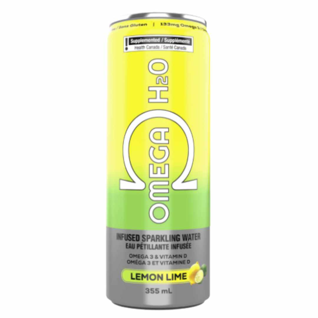 Omega H2O lemon lime sparkling water can on a white background